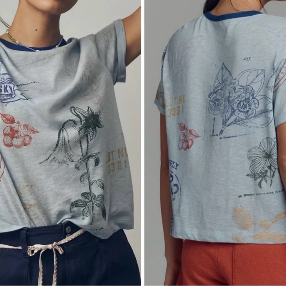 Anthropologie Pilcro Stamp Printed Tee in Sky Blue Motif, NWT - Picture 2 of 8